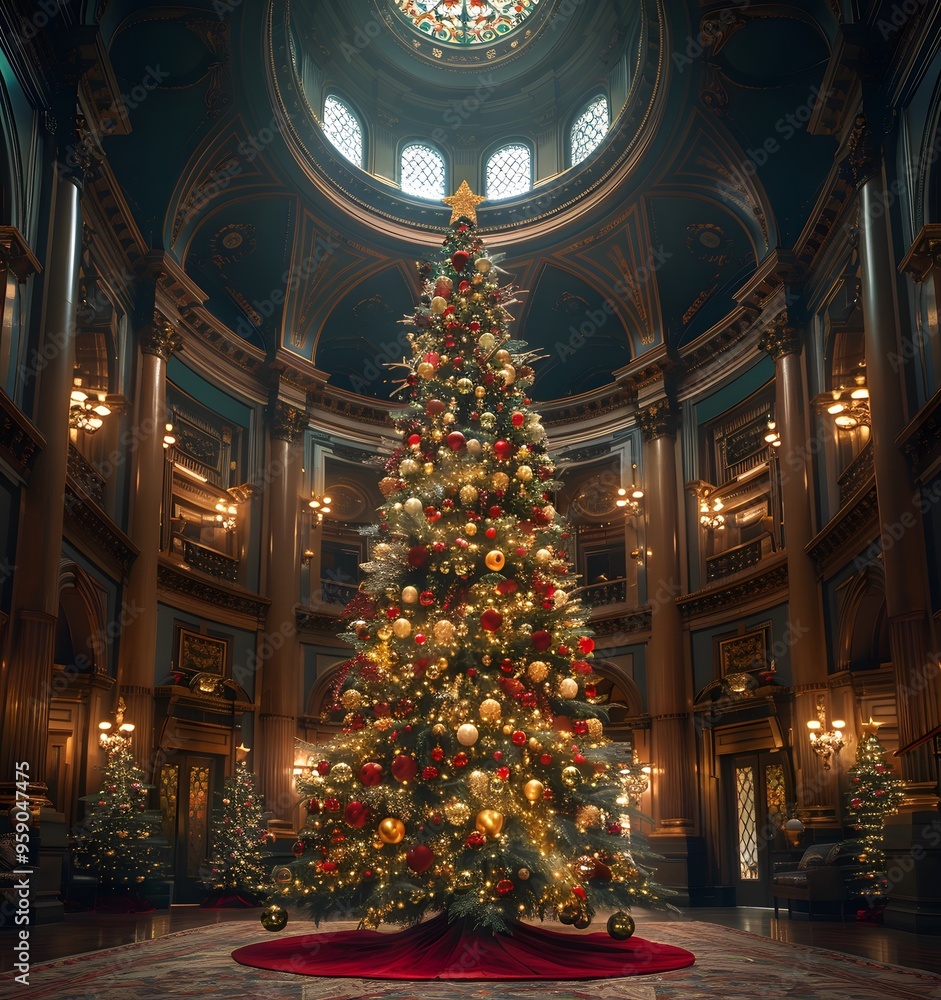 Obraz premium Christmas tree decorated with many luxurious ornaments