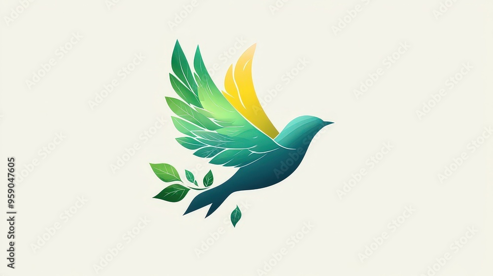 Obraz premium colorful bird in flight, featuring vibrant green and yellow feathers, symbolizing freedom and nature's beauty. Minimalistic design on a white background.