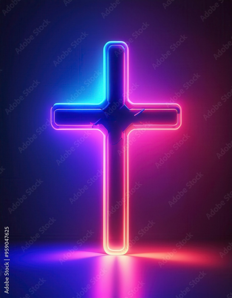 Fototapeta premium Neon cross of Jesus Christ glowing brightly. Generative Image