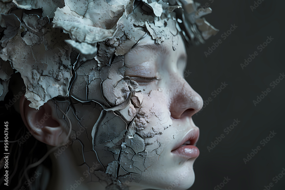 A close-up portrait of a young woman with delicate features, adorned with cracked, earthy textures and a crown of leaves, evoking a mystical atmosphere. A close-up portrait of a young woman with delicate features, adorned with cracked, earthy textures and a crown of leaves, evoking a mystical atmosphere.