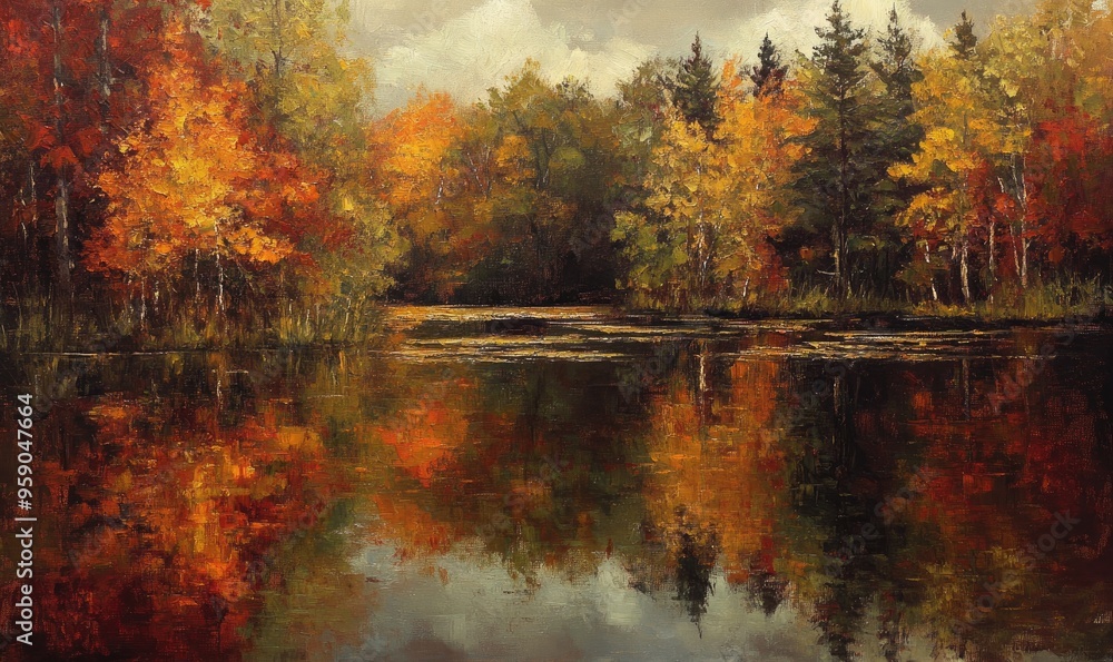 Oil painting depicting a seasonal landscape of autumn with reflections in the water capturing the essence of fall Oil painting depicting a seasonal landscape of autumn with reflections in the water capturing the essence of fall