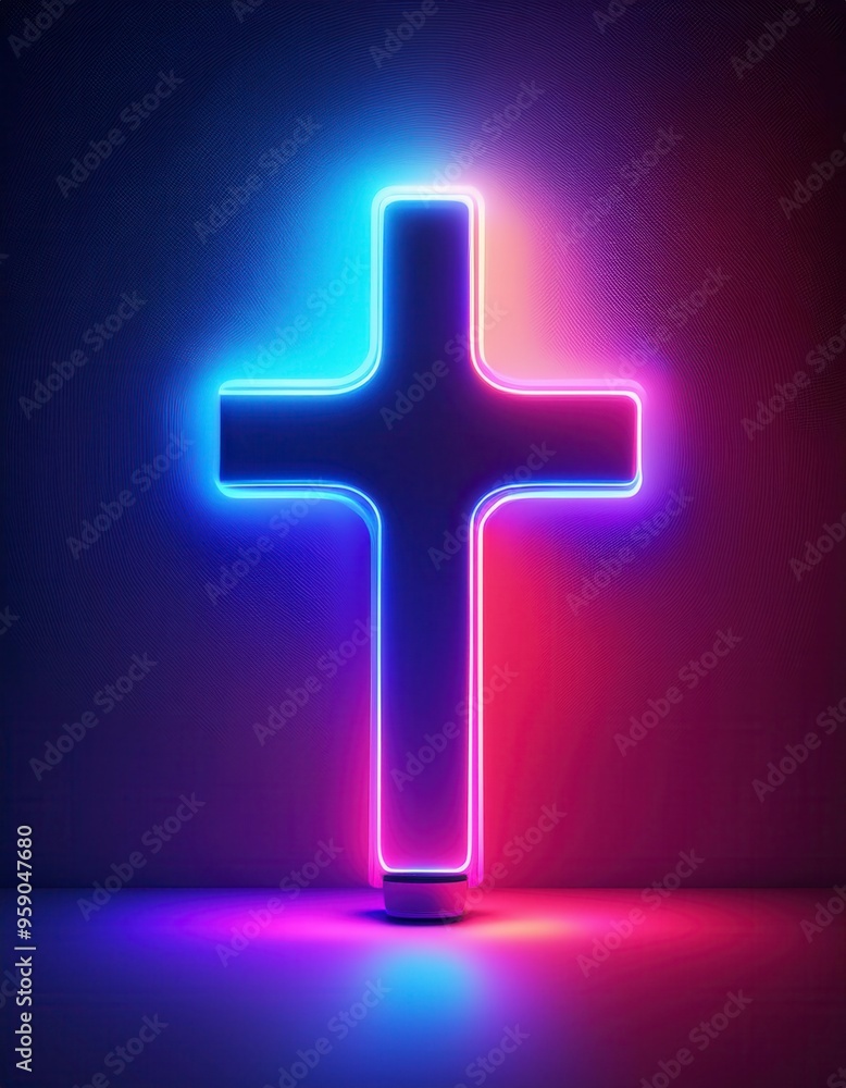 Fototapeta premium Neon cross of Jesus Christ glowing brightly. Generative Image