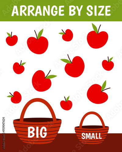 Education game for children. Arrange by size. Big or small. Put the apple in the basket. Printable worksheet with solution for school and preschool. Vector cartoon illustration.