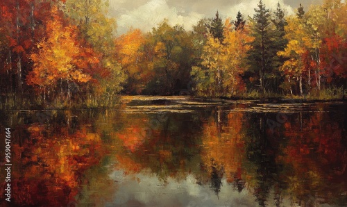 Oil painting depicting a seasonal landscape of autumn with reflections in the water capturing the essence of fall