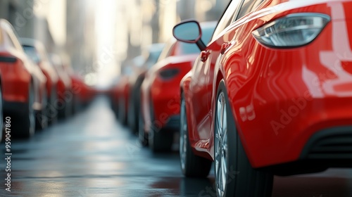 A fleet of city cars, with a red car in the forefront. Explore the concept of choosing a new car with this 3D illustration. 