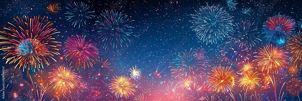 This image captures a wide panoramic view of a night sky brimming with colorful fireworks, creating an awe-inspiring and festive spectacle that exudes celebration and joy. This image captures a wide panoramic view of a night sky brimming with colorful fireworks, creating an awe-inspiring and festive spectacle that exudes celebration and joy.