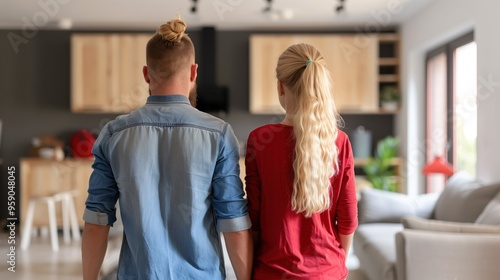 Wallpaper Mural Two individuals walk hand in hand, enjoying a moment of connection in their stylish living room. The cozy space features wooden furniture and warm lighting, creating a welcoming ambiance Torontodigital.ca