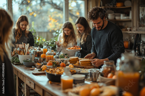 Thanksgiving morning scene with family gathering around table filled with delicious food, including pancakes, fruits, and drinks, creating warm and joyful atmosphere.