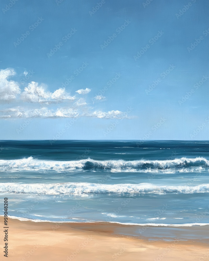 Oil painting depicting a serene beach scene with gentle waves and clear skies capturing the essence of a tranquil coastal environment Oil painting depicting a serene beach scene with gentle waves and clear skies capturing the essence of a tranquil coastal environment