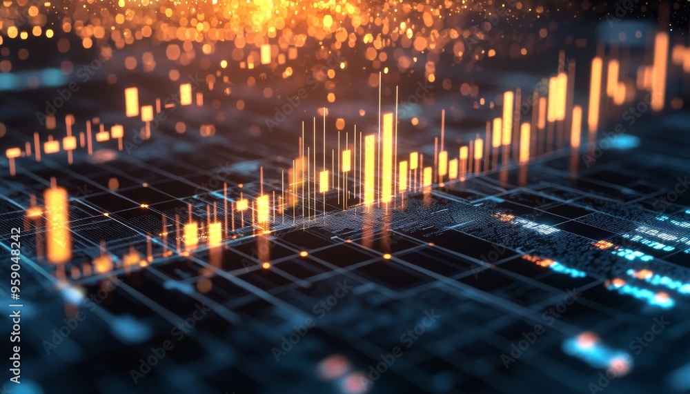 Abstract digital data visualization with glowing bars and lines representing growth, technology, and innovation. Abstract digital data visualization with glowing bars and lines representing growth, technology, and innovation.