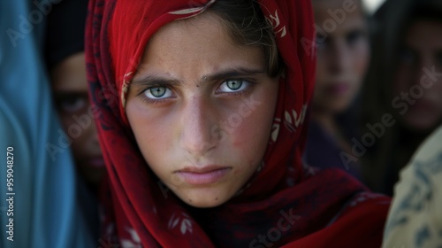 A young girl with mesmerizing blue eyes and a red headscarf looks deeply into the camera, surrounded by others in a subdued outdoor environment, conveying a powerful emotion