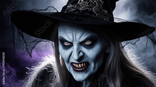 A menacing witch with icy blue skin and sharp fangs gazes fiercely under a dark, smoky background at night