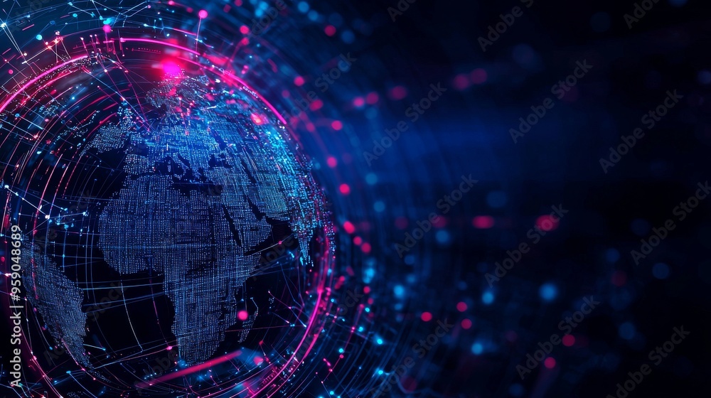 Abstract digital globe with glowing lines and particles, representing global connectivity and data flow. Abstract digital globe with glowing lines and particles, representing global connectivity and data flow.