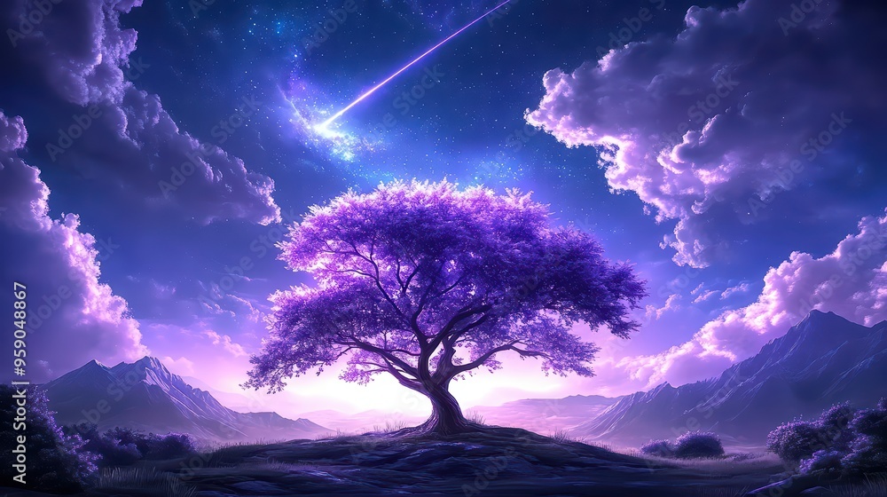 A mystical tree under a vibrant purple sky, illuminated by a shooting star, creating a dreamlike atmosphere.