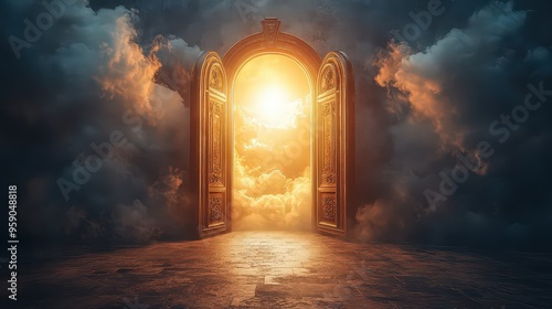 golden door opens to a glowing, heavenly light amidst dark clouds, symbolizing hope, spiritual awakening, and a journey toward enlightenment.