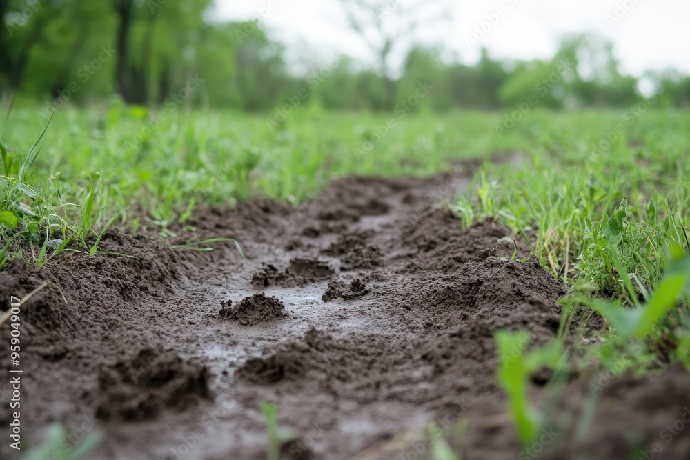 Tranquil Scene of Rabbit Tracks on Mud at Sustainable Farm Tranquil Scene of Rabbit Tracks on Mud at Sustainable Farm