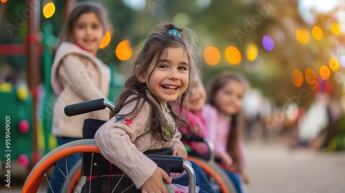 Children with disabilities playing together, inclusive playground setting, expressions of joy and acceptance, promoting inclusivity and equal opportunities, diverse abilities visible photo