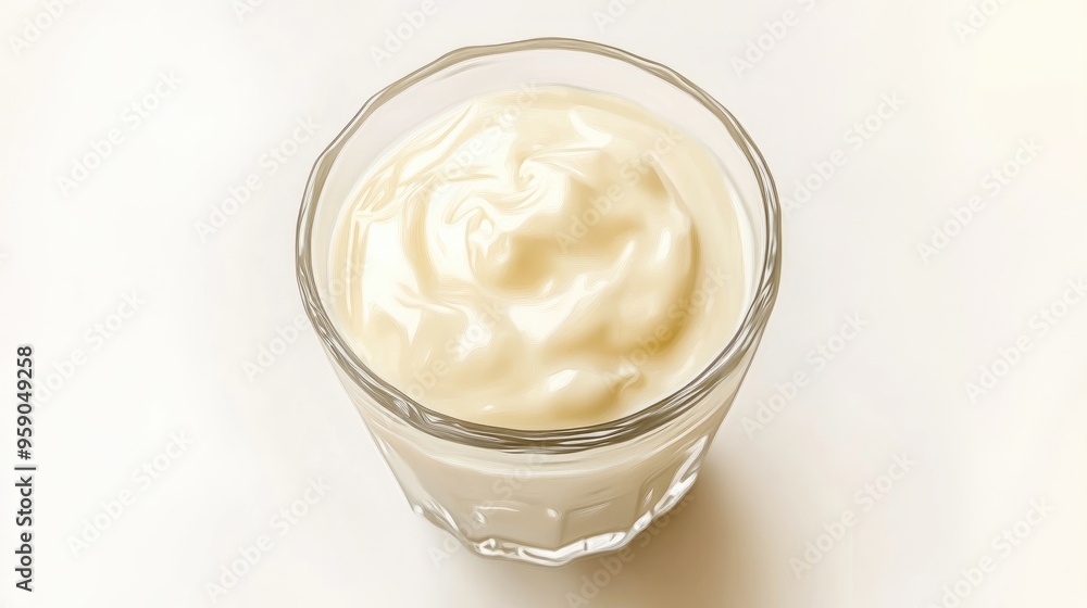 Oil painting depicting creamy yogurt in a glass featuring the rich essence of vanilla set against a clean white background Oil painting depicting creamy yogurt in a glass featuring the rich essence of vanilla set against a clean white background