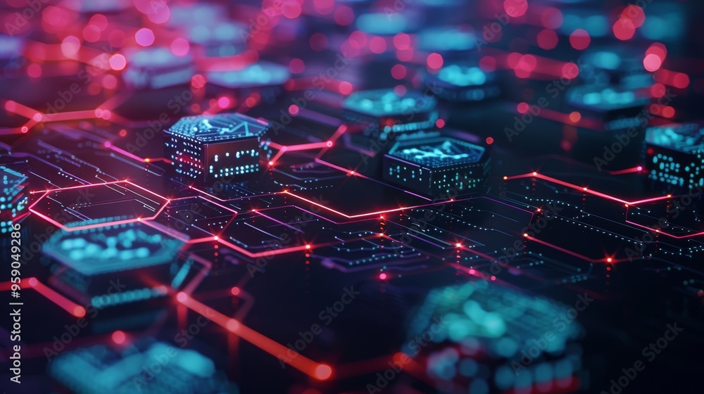 Abstract digital network with glowing hexagonal nodes and red circuit lines. Cyber security, technology, and innovation concept. Abstract digital network with glowing hexagonal nodes and red circuit lines. Cyber security, technology, and innovation concept.
