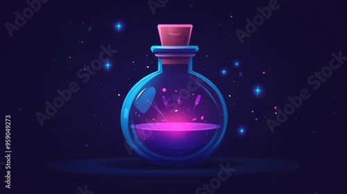 Magical potion bottle glowing with purple liquid and surrounded by sparkles on a dark background. Fantasy, magic, and mystery concept.