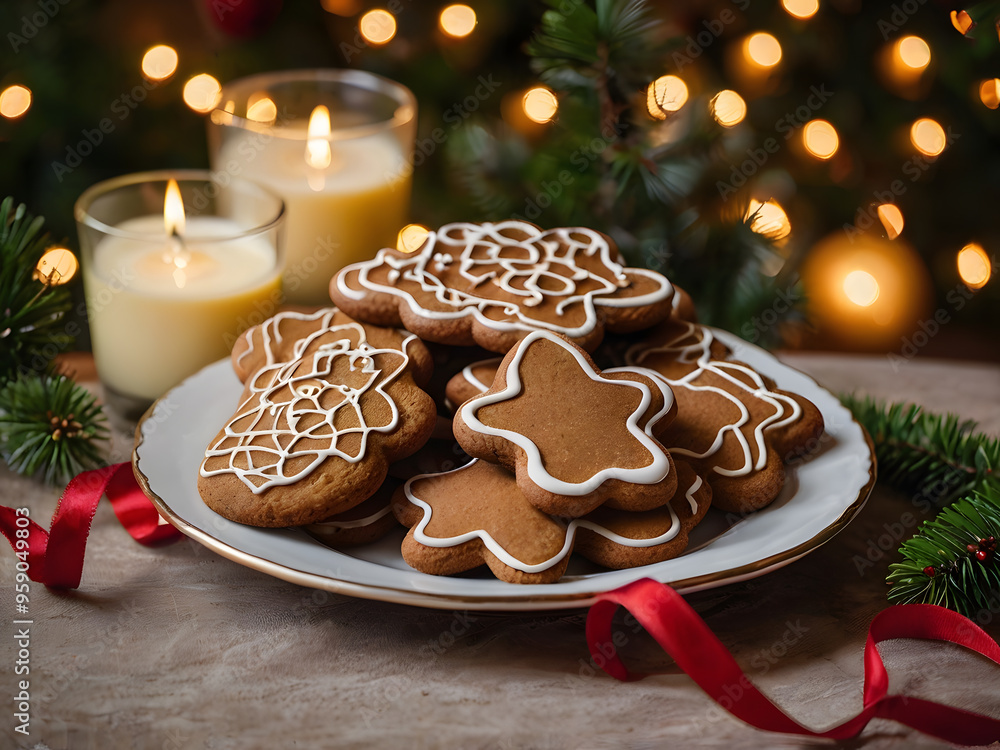 A plate of Christmas gingerbread cookies on a decorated table with candles in the background A plate of Christmas gingerbread cookies on a decorated table with candles in the background