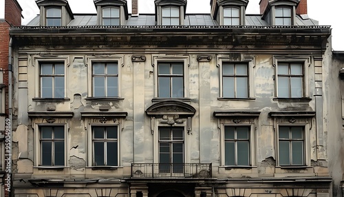 The exterior of an ancient building shows classic windows and elegant structure, revealing the vicissitudes of time and the depth of history. photo