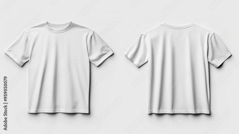 A plain white t-shirt is showcased, displaying both front and back views against a soft, neutral backdrop. The lighting highlights the fabric's texture and cut A plain white t-shirt is showcased, displaying both front and back views against a soft, neutral backdrop. The lighting highlights the fabric's texture and cut