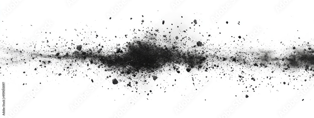 Black particles explosion isolated on white background in a 3D cartoon rendering Abstract dust overlay texture Black particles explosion isolated on white background in a 3D cartoon rendering Abstract dust overlay texture