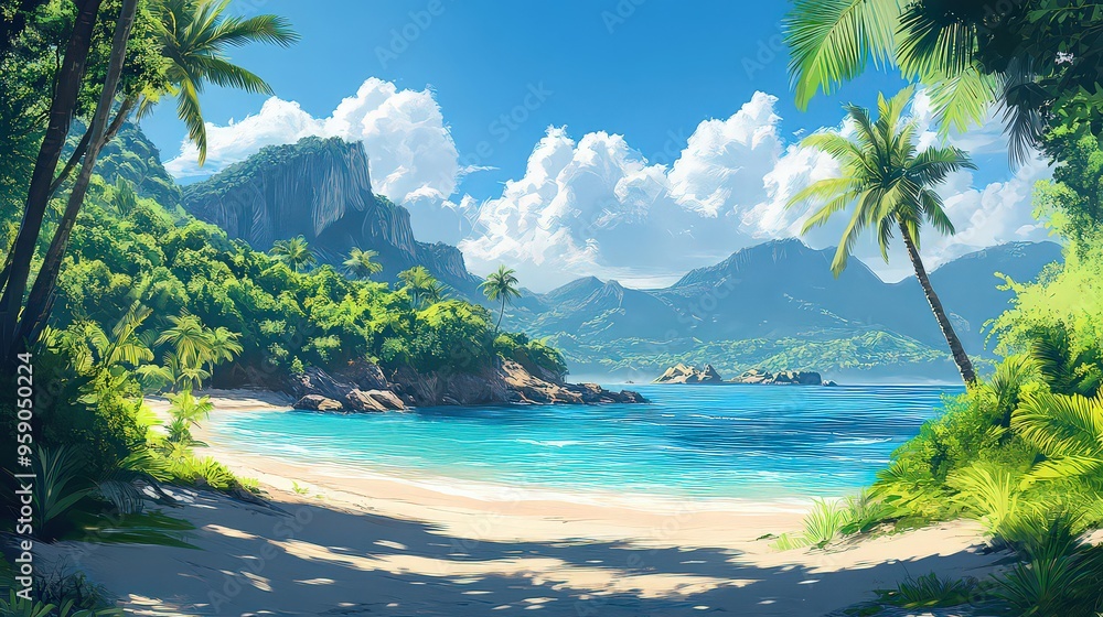 beautiful tropical beach surrounded by lush palm trees and mountains, with clear turquoise waters under a bright blue sky, offering a perfect getaway. beautiful tropical beach surrounded by lush palm trees and mountains, with clear turquoise waters under a bright blue sky, offering a perfect getaway.