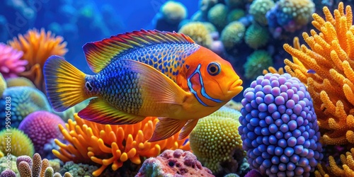 Vibrant orange Napoleonfish with ornate blue and yellow fins swims amidst a kaleidoscope of coral and anemones in a sunlit ocean paradise. photo