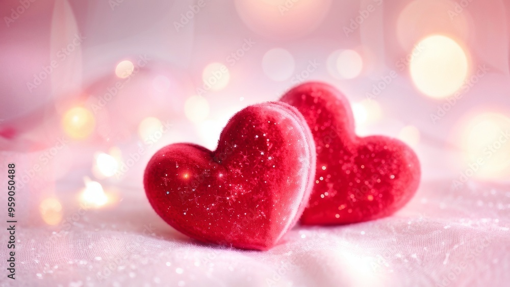 Two red velvet hearts located on a shimmering pink surface with a place to copy text. Two red velvet hearts located on a shimmering pink surface with a place to copy text.