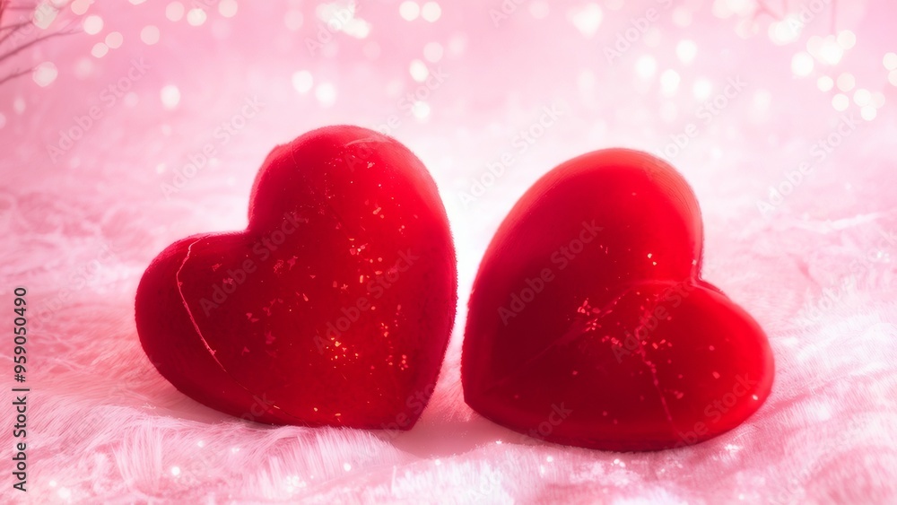 Two red velvet hearts located on a shimmering pink surface with a place to copy text. Two red velvet hearts located on a shimmering pink surface with a place to copy text.