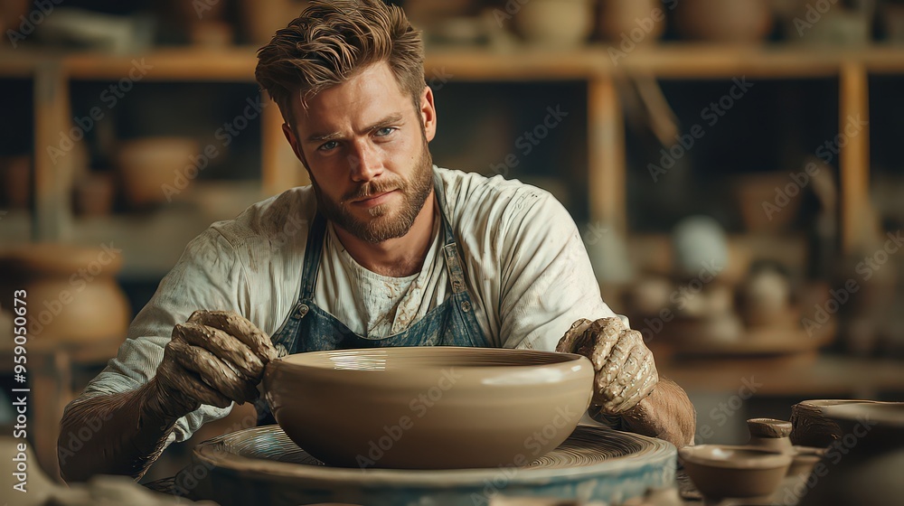 focused potter shaping a large clay bowl on a wheel, deeply immersed in the creative process, surrounded by pottery in his workshop. focused potter shaping a large clay bowl on a wheel, deeply immersed in the creative process, surrounded by pottery in his workshop.
