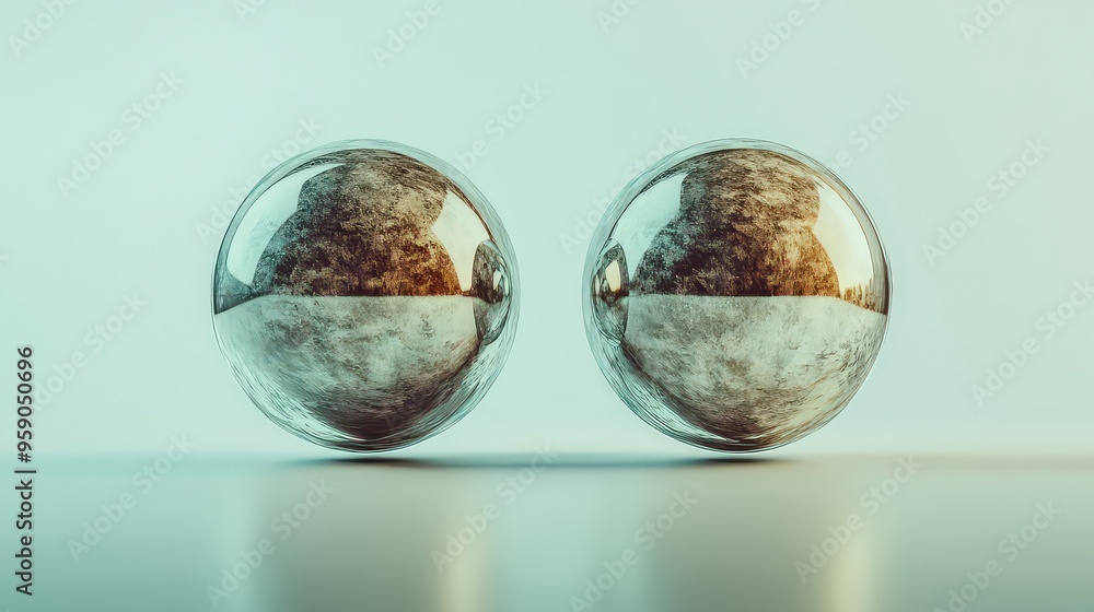 Two reflective glass spheres rest on a smooth surface, capturing abstract reflections, creating a minimalist and modern visual aesthetic. Two reflective glass spheres rest on a smooth surface, capturing abstract reflections, creating a minimalist and modern visual aesthetic.