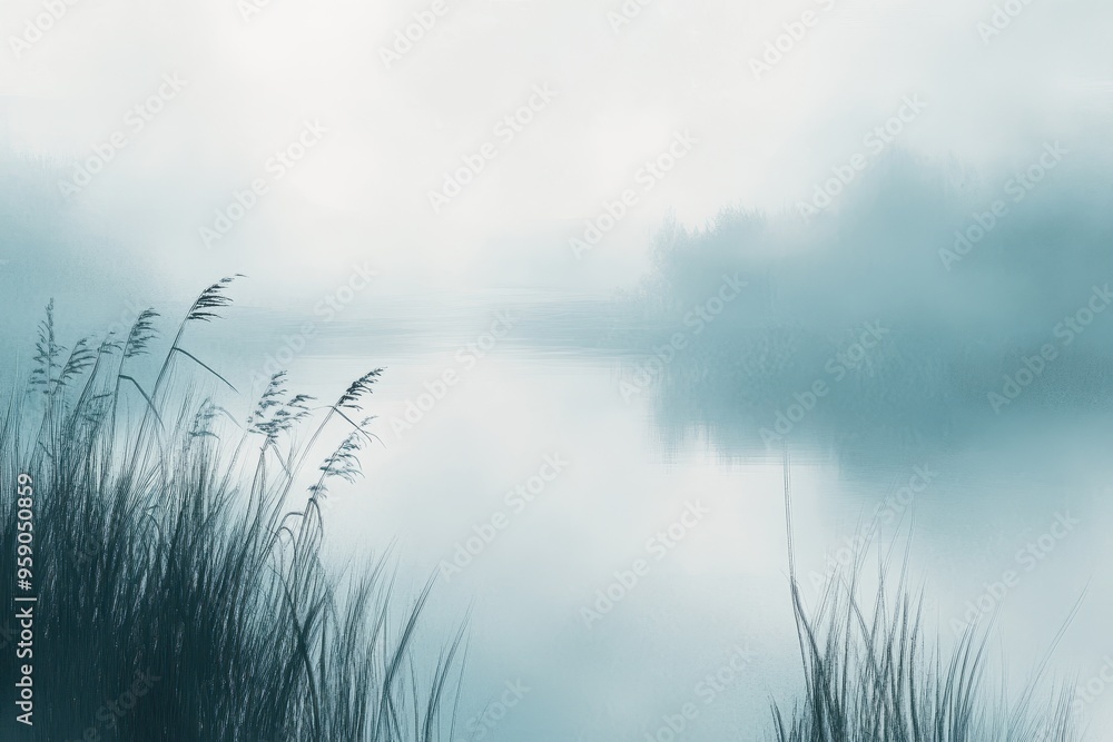 Foggy Lake with Silhouetted Reeds in the Foreground Foggy Lake with Silhouetted Reeds in the Foreground