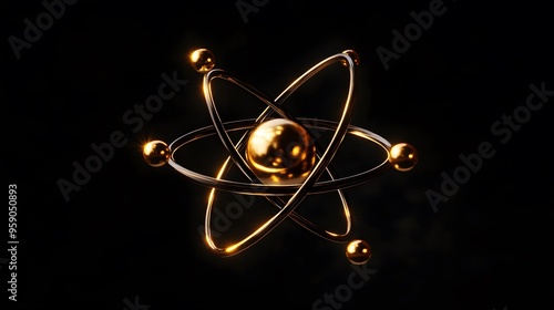 Gold Atom: An artistic depiction of a single gold atom, with golden electrons orbiting a central nucleus, against a black background. 