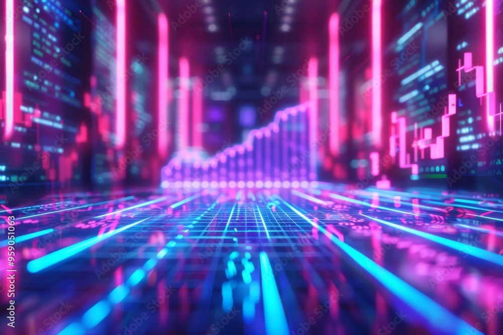 Abstract futuristic cityscape with neon lights and glowing lines representing data and growth. Abstract futuristic cityscape with neon lights and glowing lines representing data and growth.