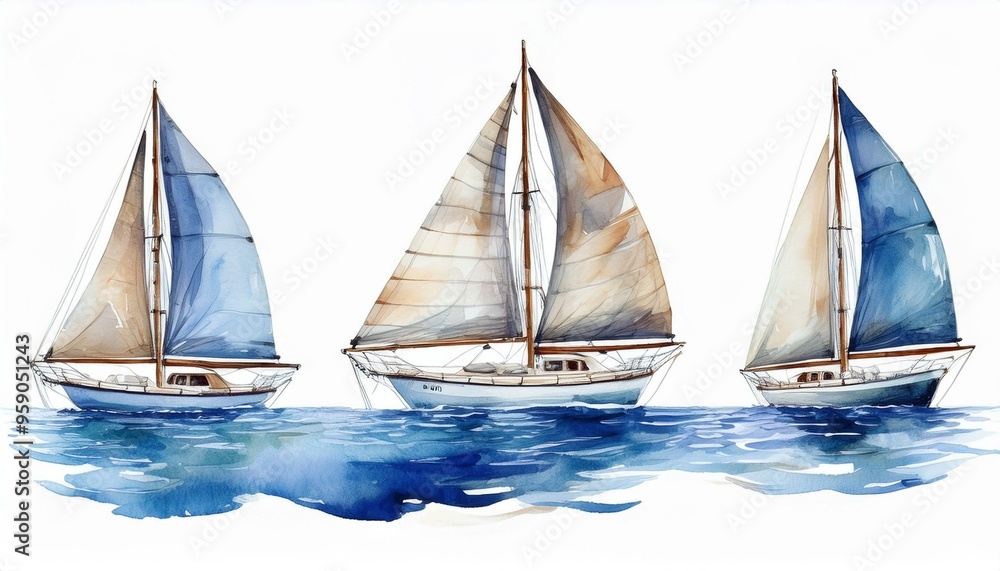Fototapeta premium Sailing boat on the surface of the water. Set of watercolor illustrations. Yacht