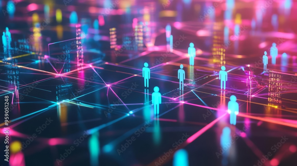 Futuristic glowing network of people icons against a dark background, depicting digital connections and advanced technology. Futuristic glowing network of people icons against a dark background, depicting digital connections and advanced technology.