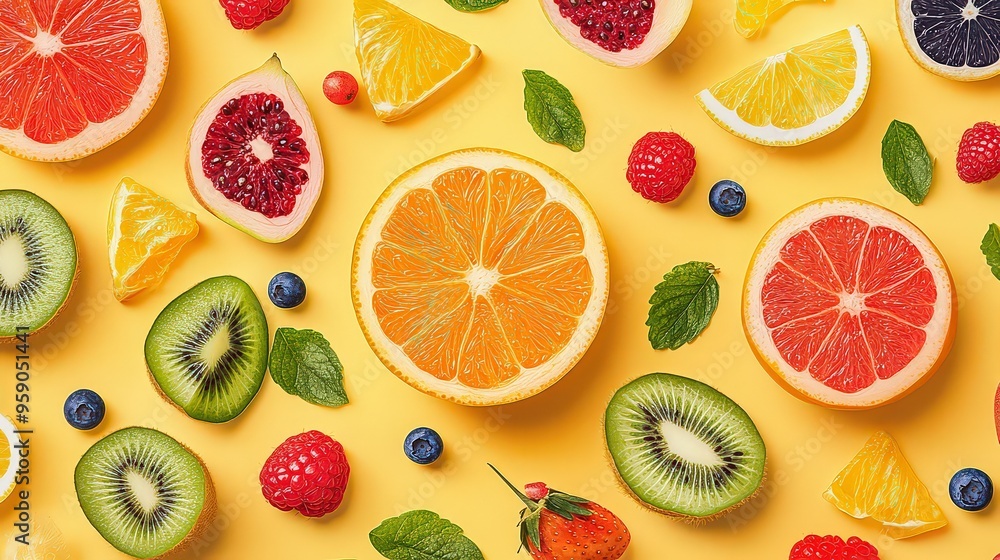lively flat lay with slices of citrus fruits, berries, and green leaves on a bright yellow background, emphasizing nutrition, freshness, and a vibrant lifestyle. lively flat lay with slices of citrus fruits, berries, and green leaves on a bright yellow background, emphasizing nutrition, freshness, and a vibrant lifestyle.