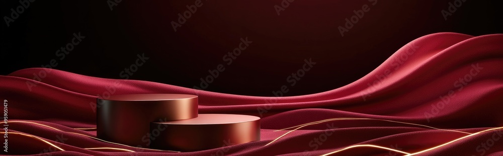 Bright maroon and dark red 3D rendered minimal product display featuring three luxurious cylindrical podiums on a wavy textile background complemented by abstract composition with golden lines for Bright maroon and dark red 3D rendered minimal product display featuring three luxurious cylindrical podiums on a wavy textile background complemented by abstract composition with golden lines for