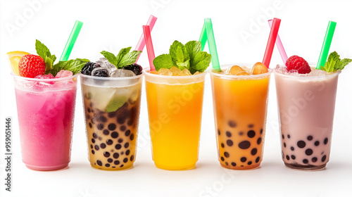 Cup of bubble tea collection on a white background.
