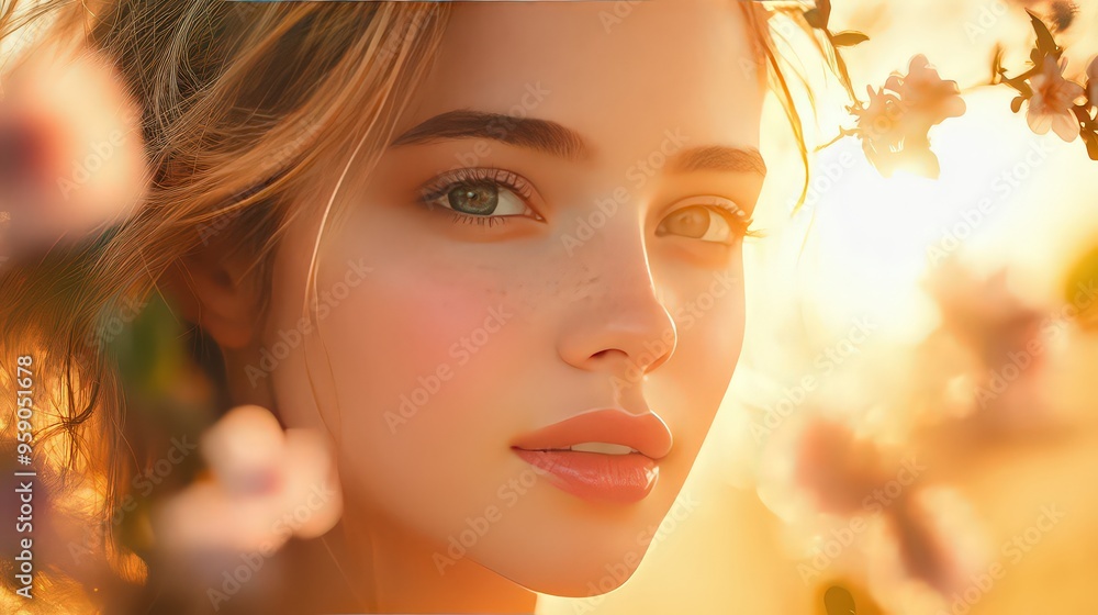 Fototapeta premium close-up portrait of a woman bathed in golden sunlight, surrounded by soft pink flowers, exuding warmth and natural beauty.
