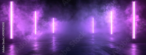 Smoke Fog Sci Fi Neon Purple Rectangle Retro Glowing Lasers Spotlight Empty Stage Podium Showcase Night Club Garage Underground Cyber Background 3D Rendering Illustration