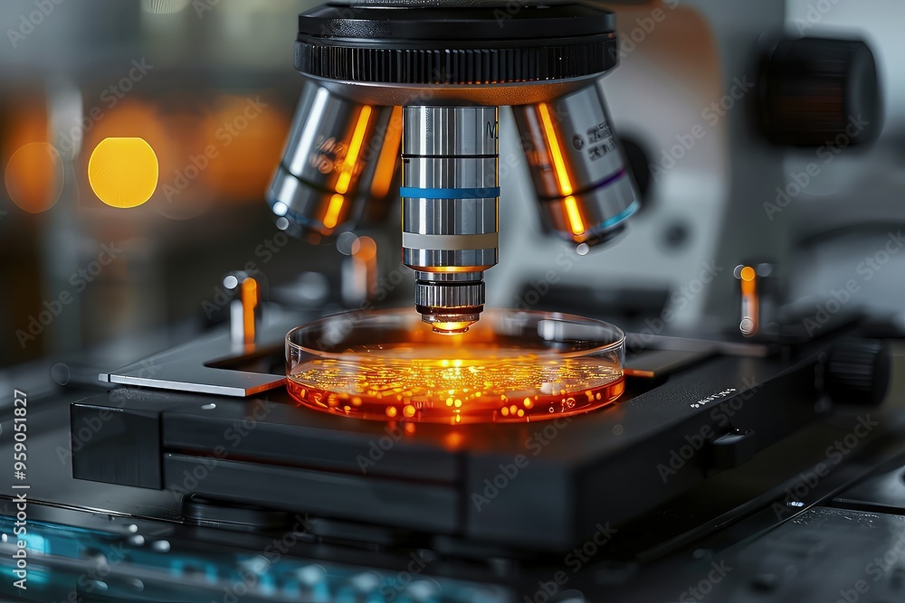Microscope and petri dishes in a lab. Microscope and petri dishes in a lab.