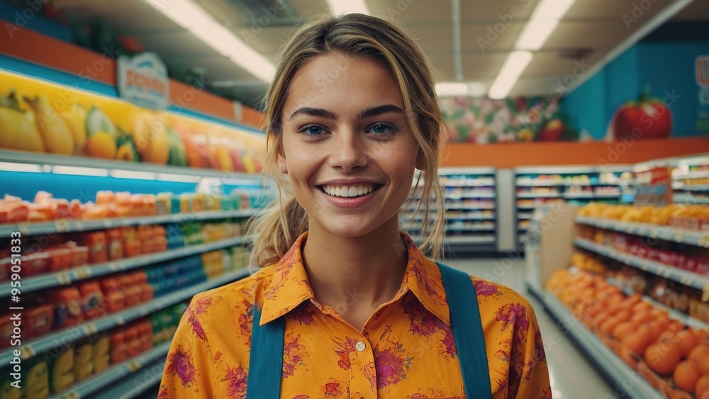 A friendly seller poses in a vibrant grocery store filled with fresh produce during a busy afternoon A friendly seller poses in a vibrant grocery store filled with fresh produce during a busy afternoon