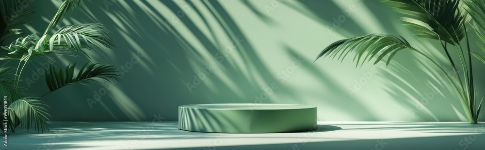 Green podium set against an abstract background featuring shadows from sunshade and plants on a wall ideal for product display or presentation 3D rendering Green podium set against an abstract background featuring shadows from sunshade and plants on a wall ideal for product display or presentation 3D rendering