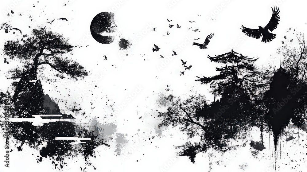 Fototapeta premium black-and-white ink-style illustration featuring birds, trees, and traditional architecture, evoking a serene and artistic Asian landscape.