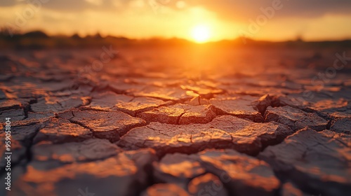  Dry, cracked earth under a setting sun, symbolizing drought and environmental issues, capturing the harsh reality of climate change.