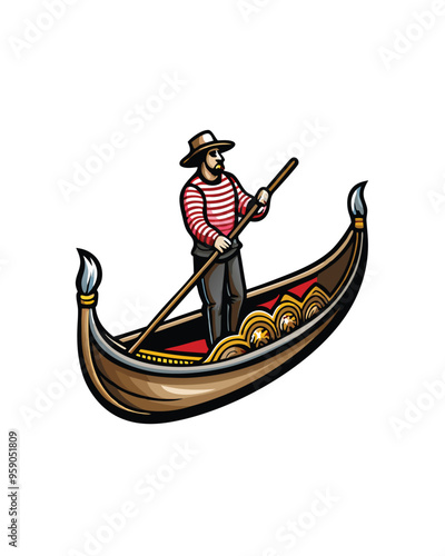 Editable stroke vector of a gondola on a canal with a gondolier.